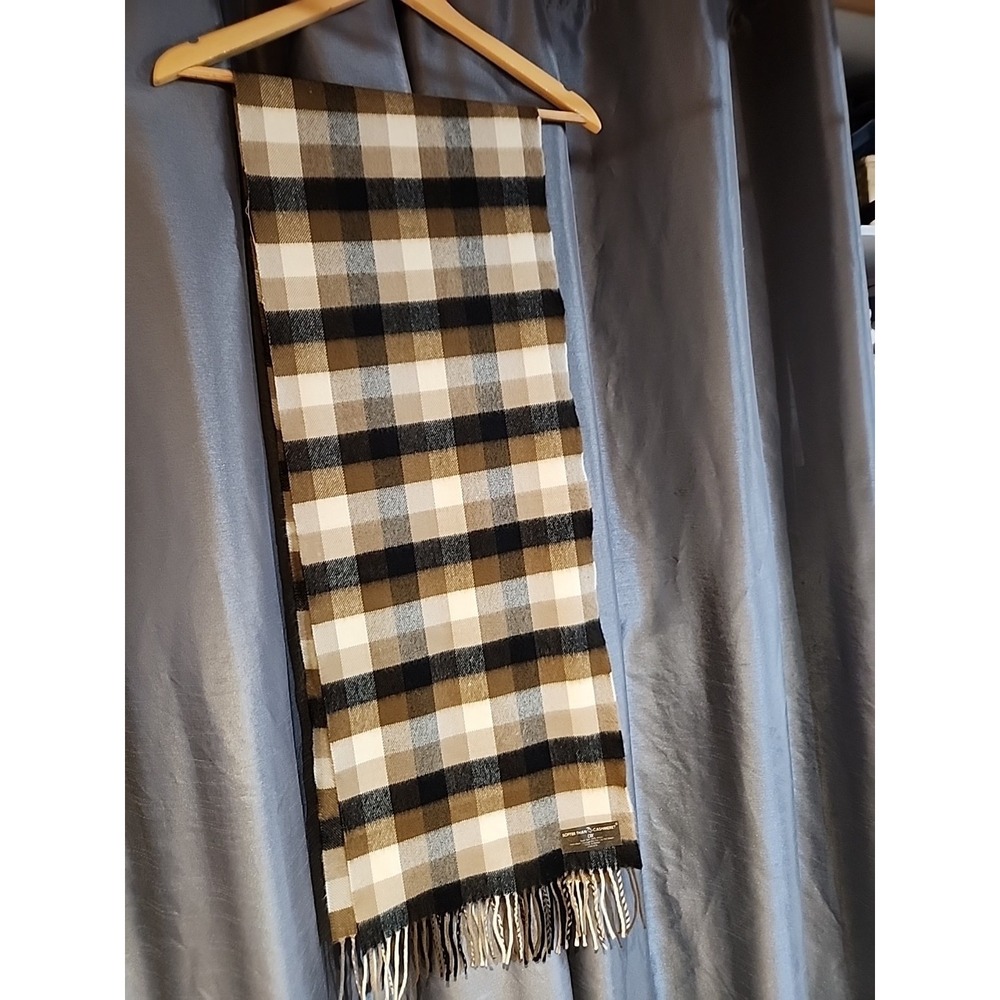 D&Y Softer Than Cashmere Plaid Scarf Brown Tan Black Acrylic Fringe Unisex